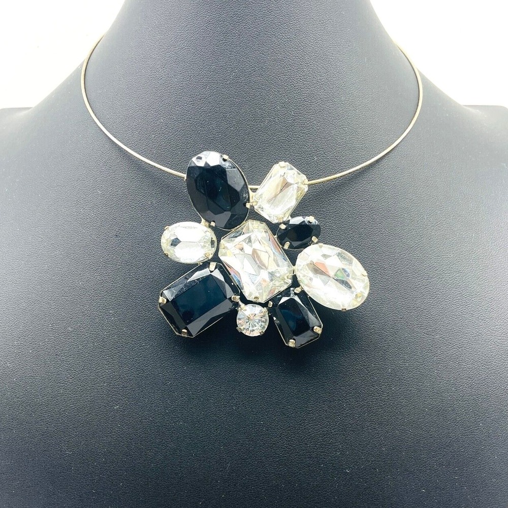 Vintage Pendant Necklace Black White Rhinestone Silver Tone Statement